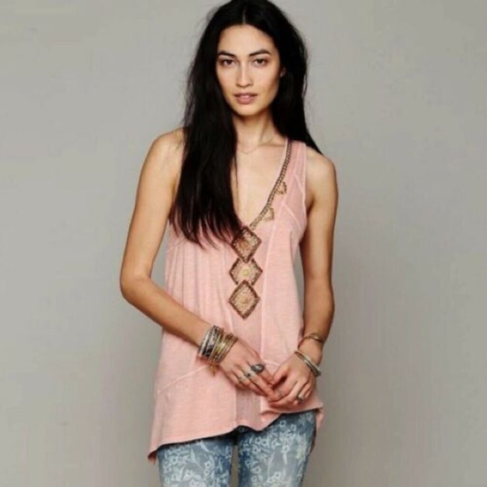 Free People “focus on center” beaded embellished netted detail tank XS